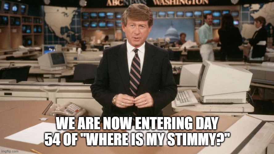 Ted Koppel | WE ARE NOW ENTERING DAY 54 OF "WHERE IS MY STIMMY?" | image tagged in ted koppel | made w/ Imgflip meme maker