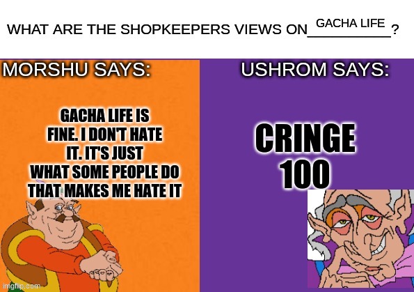 the shopkeepers views on | GACHA LIFE; CRINGE 100; GACHA LIFE IS FINE. I DON'T HATE IT. IT'S JUST WHAT SOME PEOPLE DO THAT MAKES ME HATE IT | image tagged in the shopkeepers views on,memes,gacha life | made w/ Imgflip meme maker