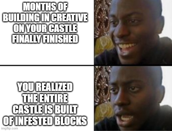 Oh yeah! Oh no... Minecraft infested blocks | MONTHS OF BUILDING IN CREATIVE ON YOUR CASTLE FINALLY FINISHED; YOU REALIZED THE ENTIRE CASTLE IS BUILT OF INFESTED BLOCKS | image tagged in memes,minecraft | made w/ Imgflip meme maker