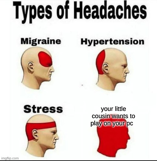 Types of Headaches meme | your little cousin wants to play on your pc | image tagged in types of headaches meme | made w/ Imgflip meme maker