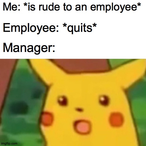 Surprised Pikachu | Me: *is rude to an employee*; Employee: *quits*; Manager: | image tagged in memes,surprised pikachu | made w/ Imgflip meme maker