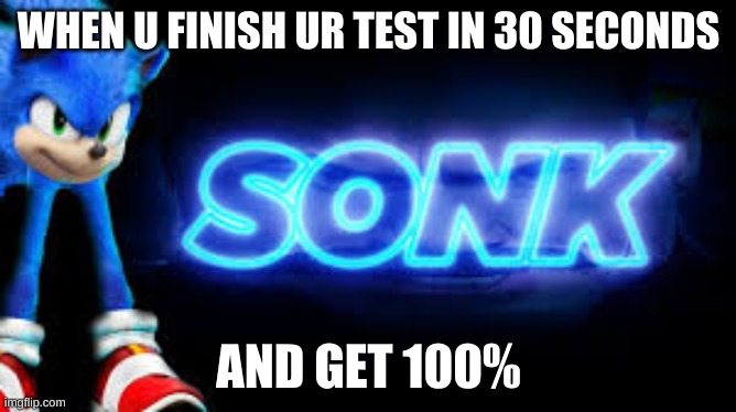 SONK | WHEN U FINISH UR TEST IN 30 SECONDS; AND GET 100% | image tagged in sonic | made w/ Imgflip meme maker