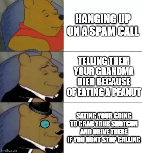 spam alert | HANGING UP ON A SPAM CALL; TELLING THEM YOUR GRANDMA DIED BECAUSE OF EATING A PEANUT; SAYING YOUR GOING TO GRAB YOUR SHOTGUN AND DRIVE THERE IF YOU DONT STOP CALLING | image tagged in fancy pooh | made w/ Imgflip meme maker