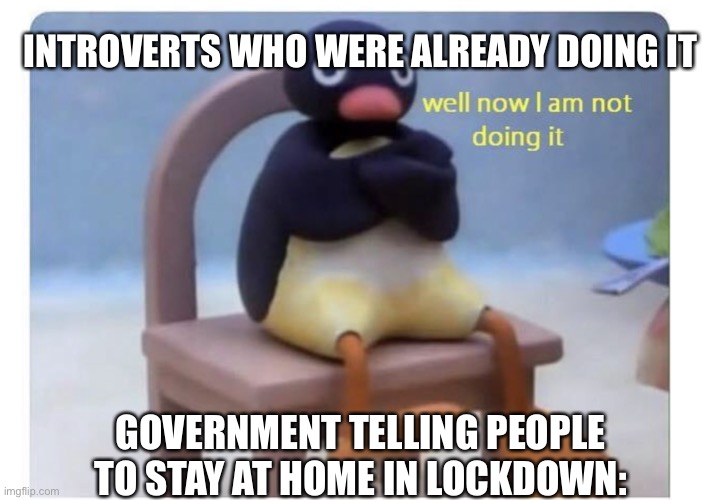 well now I am not doing it | INTROVERTS WHO WERE ALREADY DOING IT; GOVERNMENT TELLING PEOPLE TO STAY AT HOME IN LOCKDOWN: | image tagged in well now i am not doing it | made w/ Imgflip meme maker