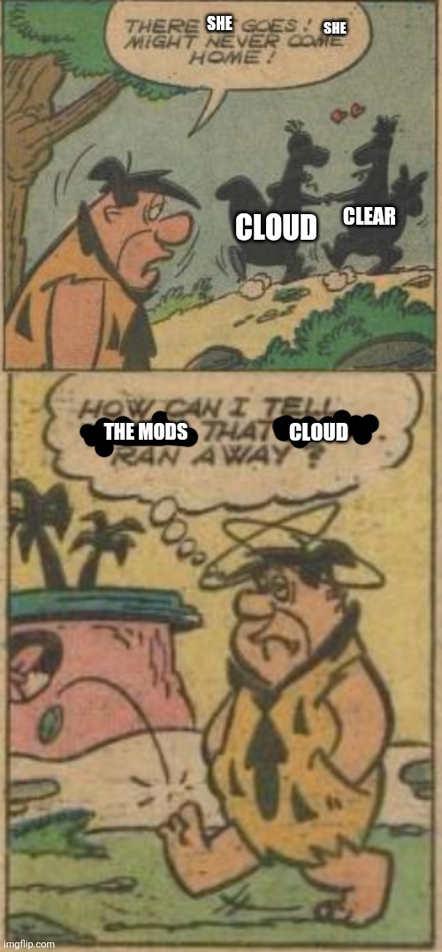 Why won't a deleting chain stop | SHE; SHE; CLEAR; CLOUD; CLOUD; THE MODS | image tagged in deleted accounts,cloud,chain,clear | made w/ Imgflip meme maker