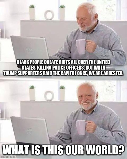 What Is Our World? | BLACK PEOPLE CREATE RIOTS ALL OVER THE UNITED STATES, KILLING POLICE OFFICERS. BUT WHEN TRUMP SUPPORTERS RAID THE CAPITOL ONCE, WE ARE ARRESTED. WHAT IS THIS OUR WORLD? | image tagged in memes,hide the pain harold | made w/ Imgflip meme maker