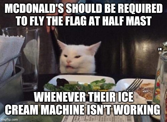 Salad cat | MCDONALD'S SHOULD BE REQUIRED TO FLY THE FLAG AT HALF MAST; J M; WHENEVER THEIR ICE CREAM MACHINE ISN'T WORKING | image tagged in salad cat | made w/ Imgflip meme maker