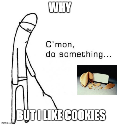 cmon do something | WHY BUT I LIKE COOKIES | image tagged in cmon do something | made w/ Imgflip meme maker