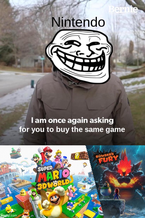 Please stop Nintendo | Nintendo; for you to buy the same game | image tagged in memes,bernie i am once again asking for your support,super mario 3d world bowser's fury,gaming,mario,nintendo | made w/ Imgflip meme maker