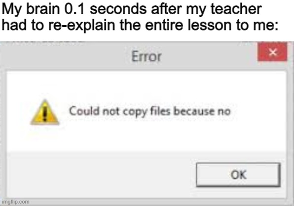I must not be the only one right | My brain 0.1 seconds after my teacher had to re-explain the entire lesson to me: | image tagged in could not copy files because no | made w/ Imgflip meme maker