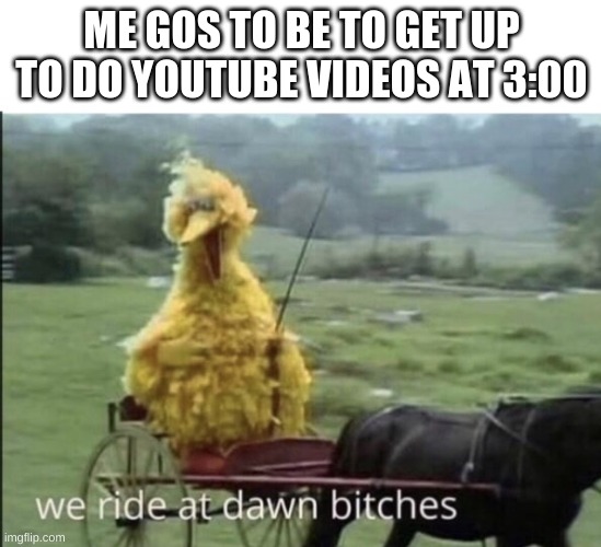 We ride at dawn bitches | ME GOS TO BE TO GET UP TO DO YOUTUBE VIDEOS AT 3:00 | image tagged in we ride at dawn bitches | made w/ Imgflip meme maker