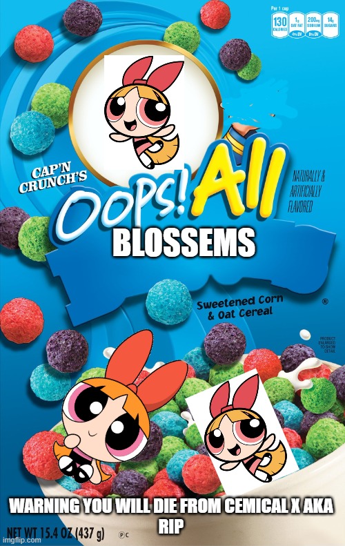 Oops! All Berries | BLOSSEMS; WARNING YOU WILL DIE FROM CEMICAL X AKA
RIP | image tagged in oops all berries | made w/ Imgflip meme maker