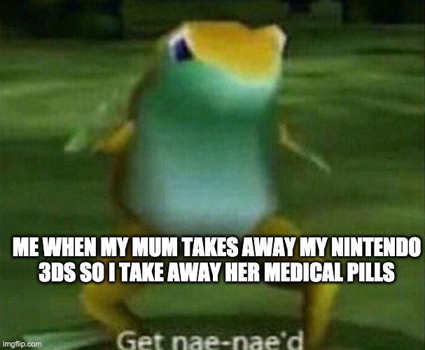 Get nae-nae'd | ME WHEN MY MUM TAKES AWAY MY NINTENDO 3DS SO I TAKE AWAY HER MEDICAL PILLS | image tagged in get nae-nae'd | made w/ Imgflip meme maker