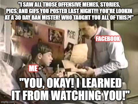 Community standards on facebook be like | "I SAW ALL THOSE OFFENSIVE MEMES, STORIES, PICS, AND GIFS YOU POSTED LAST NIGHT!!! YOU'RE LOOKIN AT A 30 DAY BAN MISTER! WHO TAUGHT YOU ALL OF THIS?!"; FACEBOOK; ME; "YOU, OKAY! I LEARNED IT FROM WATCHING YOU!" | image tagged in 30 day ban,banned | made w/ Imgflip meme maker