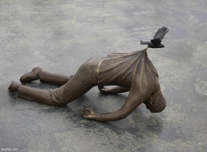 sculpture of dead man being carried by bird | image tagged in sculpture of dead man being carried by bird | made w/ Imgflip meme maker