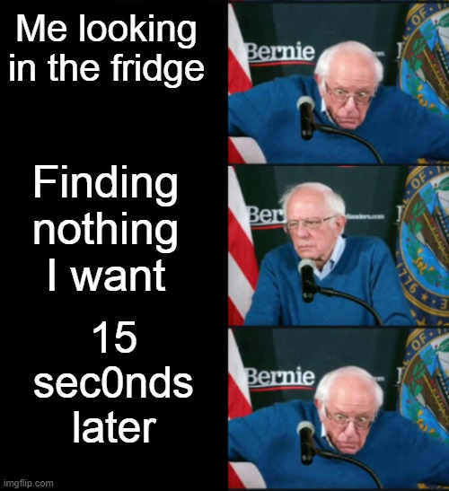 Relatable? | Me looking in the fridge; Finding nothing I want; 15 sec0nds later | image tagged in bernie sanders panik kalm panik | made w/ Imgflip meme maker