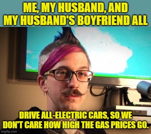 SJW Cuck | ME, MY HUSBAND, AND MY HUSBAND'S BOYFRIEND ALL DRIVE ALL-ELECTRIC CARS, SO WE DON'T CARE HOW HIGH THE GAS PRICES GO. | image tagged in sjw cuck | made w/ Imgflip meme maker