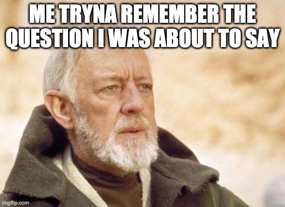 Obi Wan Kenobi | ME TRYNA REMEMBER THE QUESTION I WAS ABOUT TO SAY | image tagged in memes,obi wan kenobi | made w/ Imgflip meme maker