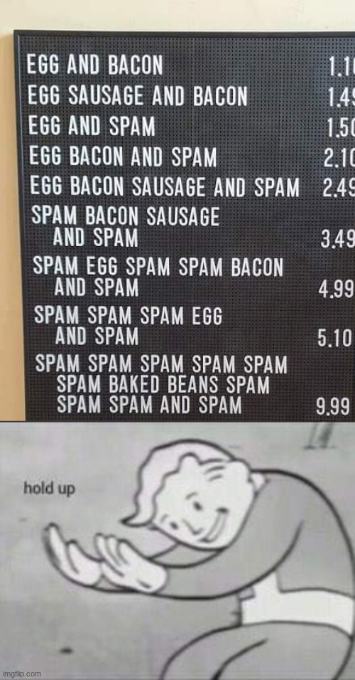 spam egg | image tagged in fallout hold up | made w/ Imgflip meme maker