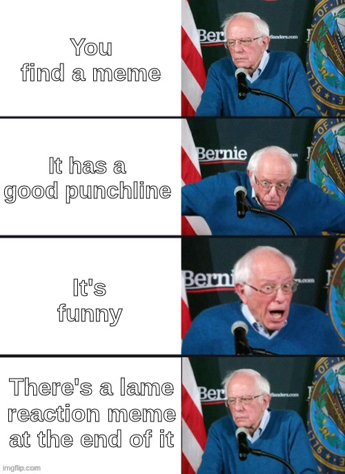 I find many memes ruined by reactions... | You find a meme; It has a good punchline; It's funny; There's a lame reaction meme at the end of it | image tagged in bernie sander reaction change,stop reading the tags,why are you reading this | made w/ Imgflip meme maker