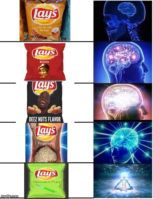 Choose your level | image tagged in expanding brain 5 panel,lays chips,flavor flav,yummy | made w/ Imgflip meme maker