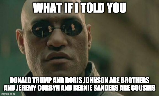 Matrix Morpheus | WHAT IF I TOLD YOU; DONALD TRUMP AND BORIS JOHNSON ARE BROTHERS AND JEREMY CORBYN AND BERNIE SANDERS ARE COUSINS | image tagged in memes,matrix morpheus | made w/ Imgflip meme maker