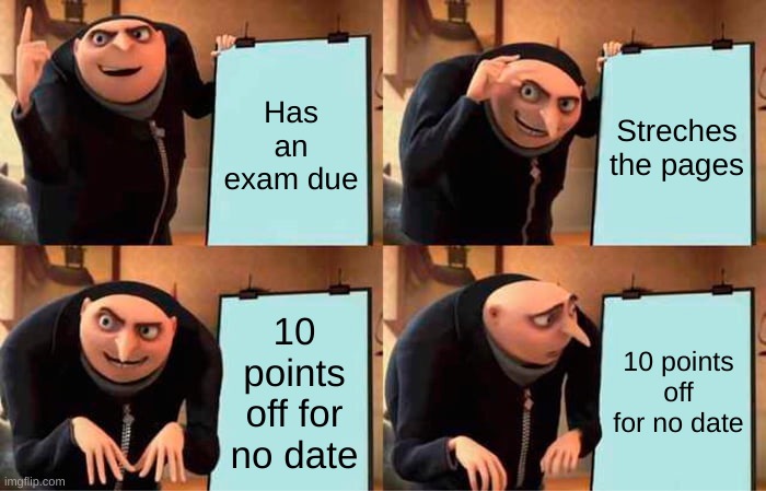 posted this in the gaming stream bc i couldnt post in fun | Has an exam due; Streches the pages; 10 points off for no date; 10 points off for no date | image tagged in memes,gru's plan,essay | made w/ Imgflip meme maker