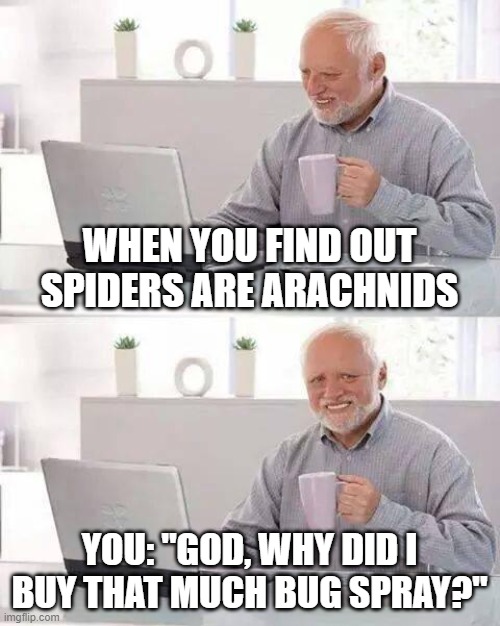 This is why education is so important | WHEN YOU FIND OUT SPIDERS ARE ARACHNIDS; YOU: "GOD, WHY DID I BUY THAT MUCH BUG SPRAY?" | image tagged in memes,hide the pain harold | made w/ Imgflip meme maker