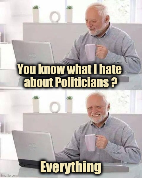 It just popped into my head | You know what I hate 
about Politicians ? Everything | image tagged in memes,hide the pain harold,greedy,waste of time,waste of money,skinner out of touch | made w/ Imgflip meme maker