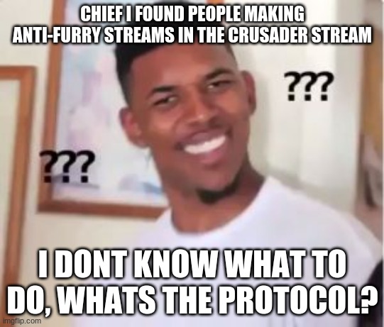 Nick Young | CHIEF I FOUND PEOPLE MAKING ANTI-FURRY STREAMS IN THE CRUSADER STREAM; I DONT KNOW WHAT TO DO, WHATS THE PROTOCOL? | image tagged in nick young | made w/ Imgflip meme maker
