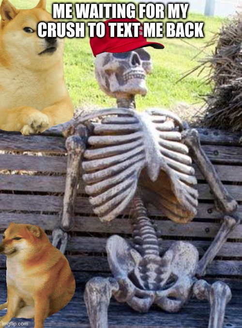 Waiting Skeleton | ME WAITING FOR MY CRUSH TO TEXT ME BACK | image tagged in memes,waiting skeleton | made w/ Imgflip meme maker