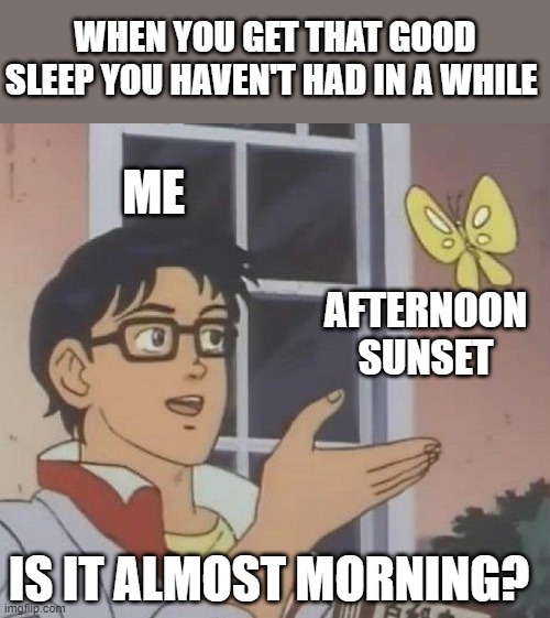 Is This A Pigeon | WHEN YOU GET THAT GOOD SLEEP YOU HAVEN'T HAD IN A WHILE; ME; AFTERNOON SUNSET; IS IT ALMOST MORNING? | image tagged in memes,is this a pigeon | made w/ Imgflip meme maker