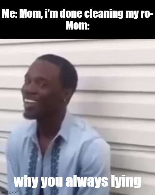 Why you always lying | Me: Mom, i'm done cleaning my ro-
Mom:; why you always lying | image tagged in why you always lying | made w/ Imgflip meme maker