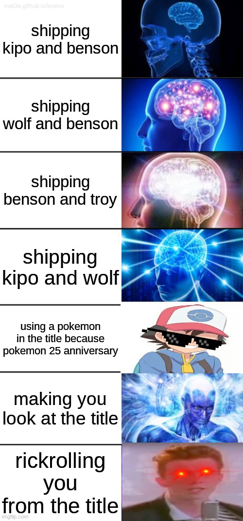 kipo meme because bit.ly/wynautpokemon | shipping kipo and benson; shipping wolf and benson; shipping benson and troy; shipping kipo and wolf; using a pokemon in the title because pokemon 25 anniversary; making you look at the title; rickrolling you from the title | image tagged in 7-tier expanding brain | made w/ Imgflip meme maker