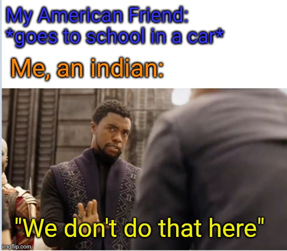 true, i use a bus (school bus) | My American Friend: *goes to school in a car*; Me, an indian:; "We don't do that here" | image tagged in we don't do that here | made w/ Imgflip meme maker