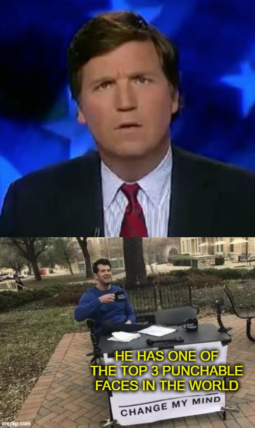 HE HAS ONE OF THE TOP 3 PUNCHABLE FACES IN THE WORLD | image tagged in confused tucker carlson,memes,change my mind | made w/ Imgflip meme maker