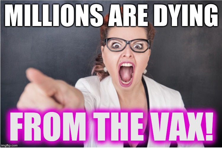 ok karen | MILLIONS ARE DYING; FROM THE VAX! | image tagged in angry karen,qanon,antivax,conservative logic,fox news,trump lost | made w/ Imgflip meme maker