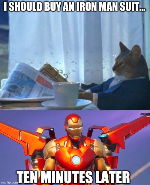 I SHOULD BUY AN IRON MAN SUIT... TEN MINUTES LATER | image tagged in memes,i should buy a boat cat | made w/ Imgflip meme maker