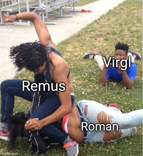 The creative twins in a nutshell | Virgl; Remus; Roman | image tagged in guy recording a fight | made w/ Imgflip meme maker
