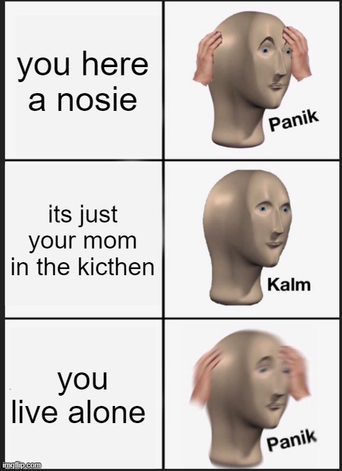 I amreposting this, I give ALL the credit to the original memer | you here a nosie; its just your mom in the kicthen; you live alone | image tagged in memes,panik kalm panik | made w/ Imgflip meme maker