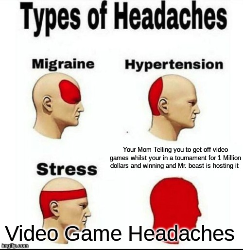 Types of Headaches meme | Your Mom Telling you to get off video games whilst your in a tournament for 1 Million dollars and winning and Mr. beast is hosting it; Video Game Headaches | image tagged in types of headaches meme,video games,tournament,failure | made w/ Imgflip meme maker