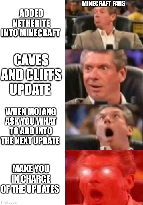 Minecraft update | ADDED NETHERITE INTO MINECRAFT; MINECRAFT FANS; CAVES AND CLIFFS UPDATE; WHEN MOJANG ASK YOU WHAT TO ADD INTO THE NEXT UPDATE; MAKE YOU IN CHARGE OF THE UPDATES | image tagged in mr mcmahon reaction,minecraft | made w/ Imgflip meme maker