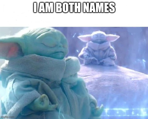 baby yoda meditating | I AM BOTH NAMES | image tagged in baby yoda meditating | made w/ Imgflip meme maker