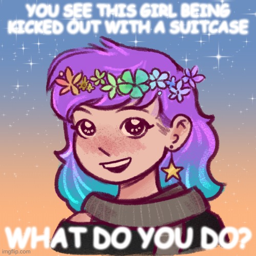 hehe | YOU SEE THIS GIRL BEING KICKED OUT WITH A SUITCASE; WHAT DO YOU DO? | made w/ Imgflip meme maker