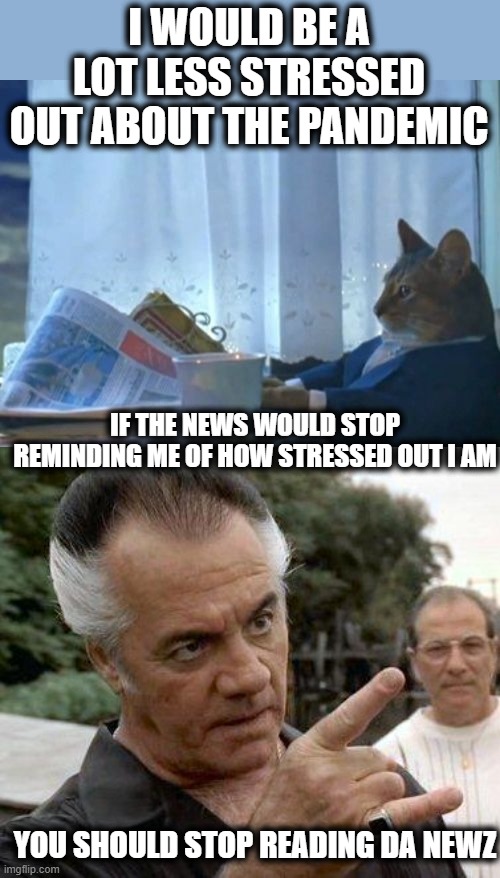 Almost over if the kids dont blow it. | I WOULD BE A LOT LESS STRESSED OUT ABOUT THE PANDEMIC; IF THE NEWS WOULD STOP REMINDING ME OF HOW STRESSED OUT I AM; YOU SHOULD STOP READING DA NEWZ | image tagged in memes,i should buy a boat cat,paulie gualtieri,fun,coronavirus,wear a mask | made w/ Imgflip meme maker