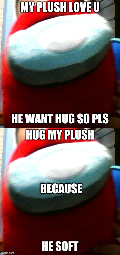 MY PLUSH LOVE U; HE WANT HUG SO PLS; BECAUSE | image tagged in hug my plush,spam this meme | made w/ Imgflip meme maker