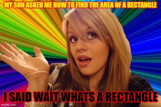 Dumb Blonde Meme | MY SON ASKED ME HOW TO FIND THE AREA OF A RECTANGLE; I SAID WAIT WHATS A RECTANGLE | image tagged in memes,dumb blonde | made w/ Imgflip meme maker