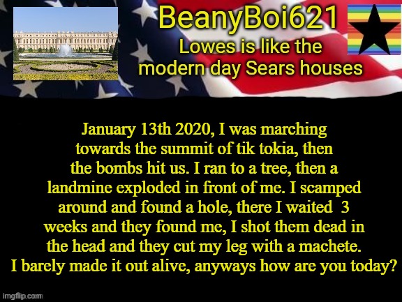 American beany | January 13th 2020, I was marching towards the summit of tik tokia, then the bombs hit us. I ran to a tree, then a landmine exploded in front of me. I scamped around and found a hole, there I waited  3 weeks and they found me, I shot them dead in the head and they cut my leg with a machete. I barely made it out alive, anyways how are you today? | image tagged in american beany | made w/ Imgflip meme maker