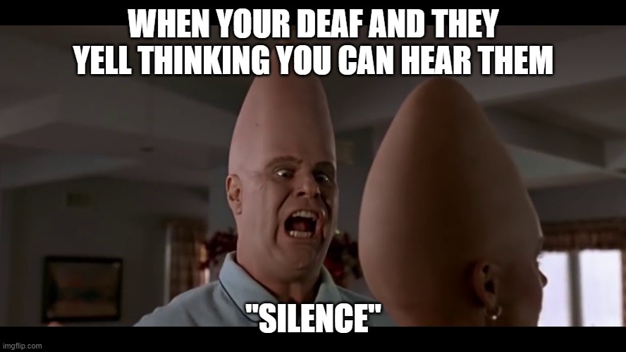 conehead | WHEN YOUR DEAF AND THEY YELL THINKING YOU CAN HEAR THEM; "SILENCE" | image tagged in conehead,asl | made w/ Imgflip meme maker