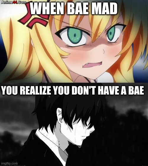 you cant have a mad bae if...if...*sniff*...if you dont have one | WHEN BAE MAD; YOU REALIZE YOU DON'T HAVE A BAE | image tagged in bae | made w/ Imgflip meme maker